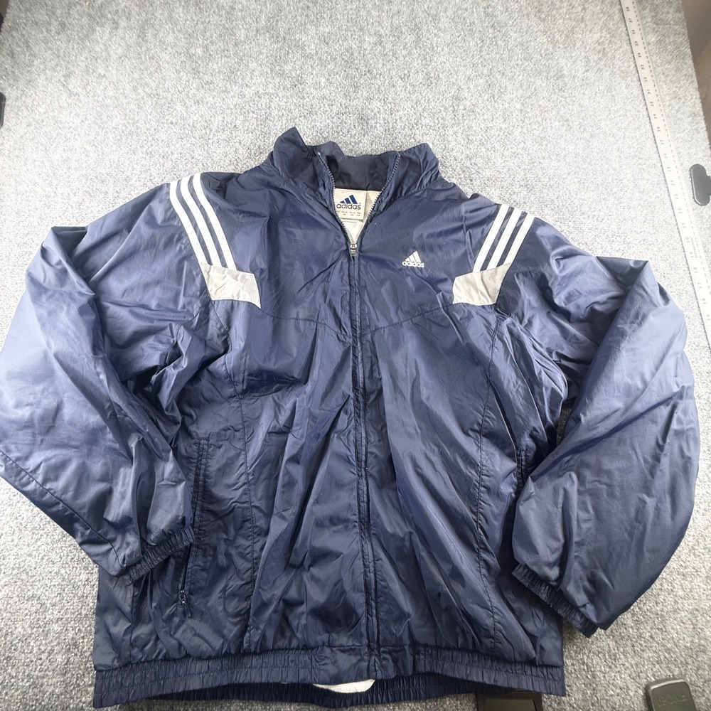 Adidas Vintage Windbreaker Jacket Navy Blue 3 Stripe Full Zip Mens XL
